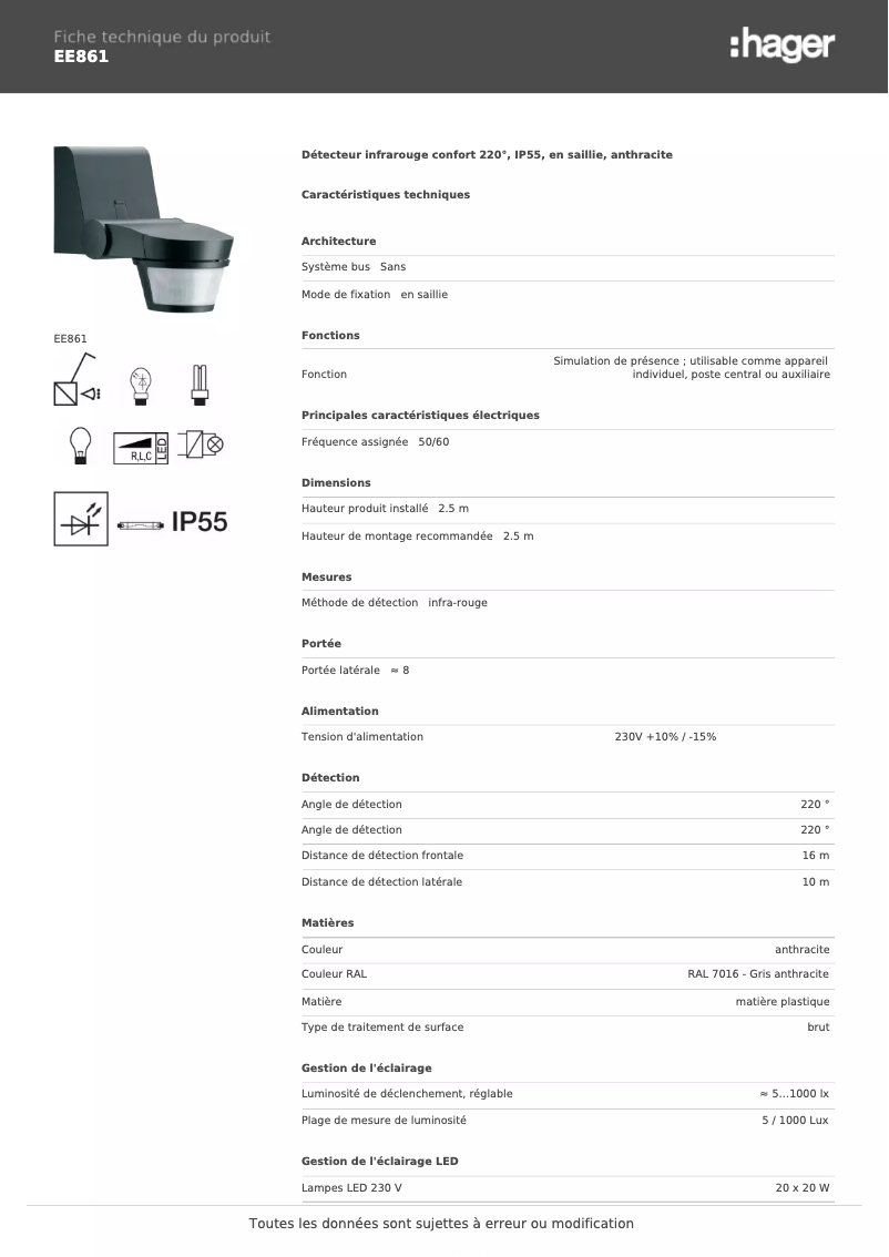 Page 1 de la notice Fiche technique Hager EE861