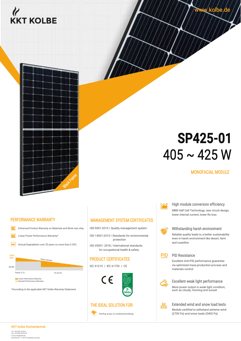 Page 1 de la notice Fiche technique KKT Kolbe SP425-01