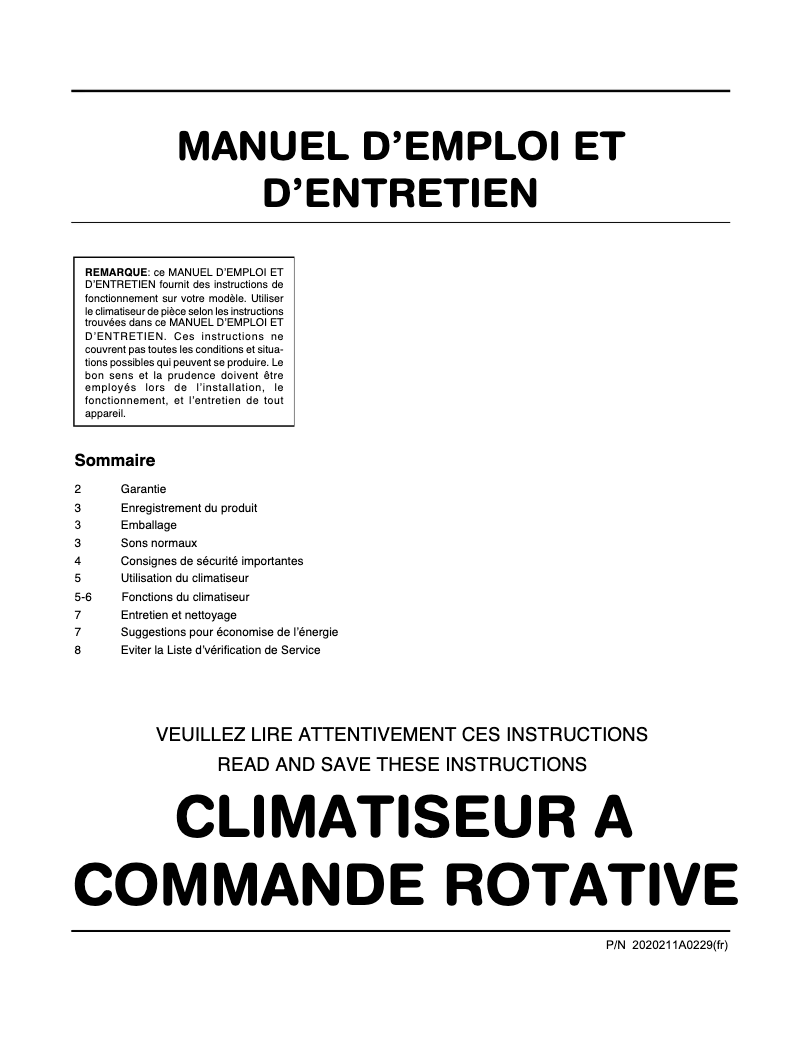 Page 1 de la notice Manuel utilisateur Frigidaire FAA062P7A