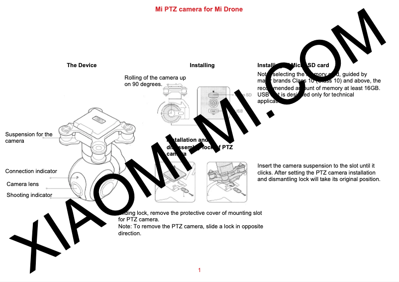 Page 1 de la notice Manuel utilisateur Xiaomi Mi Drone PTZ Camera