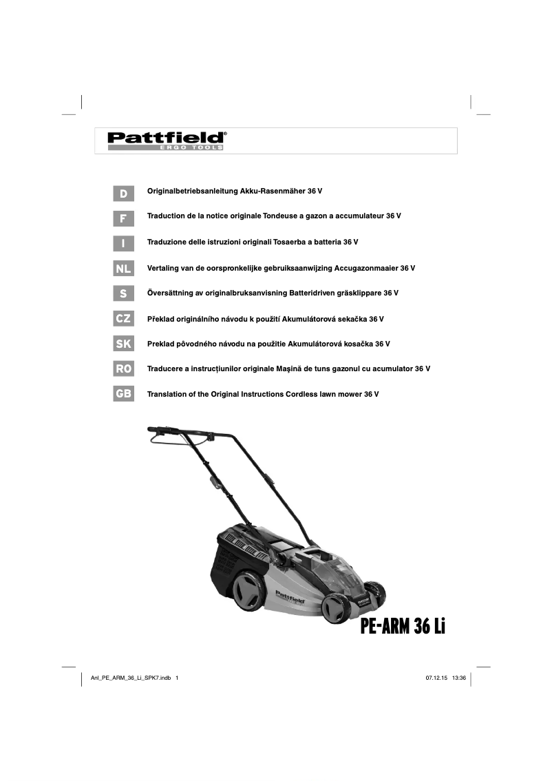 Page 1 de la notice Manuel utilisateur Pattfield PE-ARM 36 Li