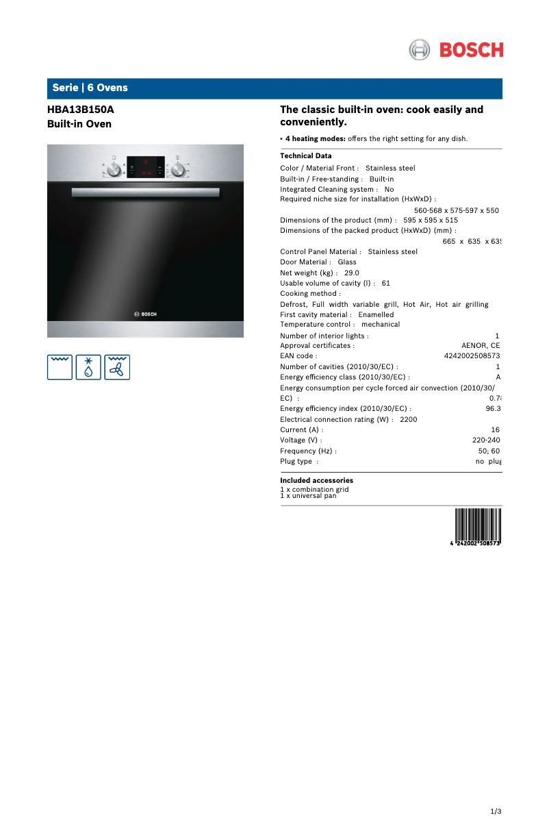 Página 1 del manual Ficha técnica Bosch HBA13B150A