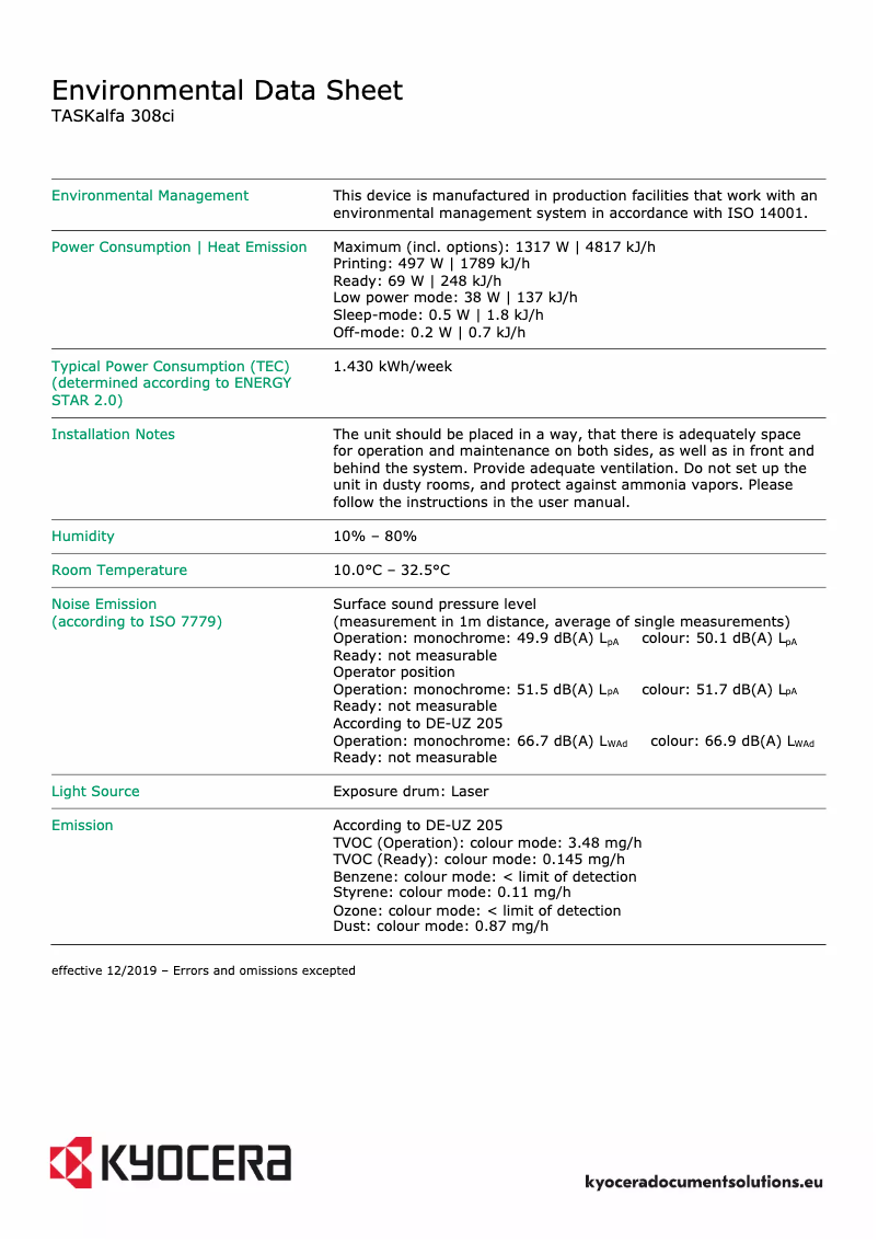 Page n°1 - Fiche technique Kyocera TASKalfa 308ci