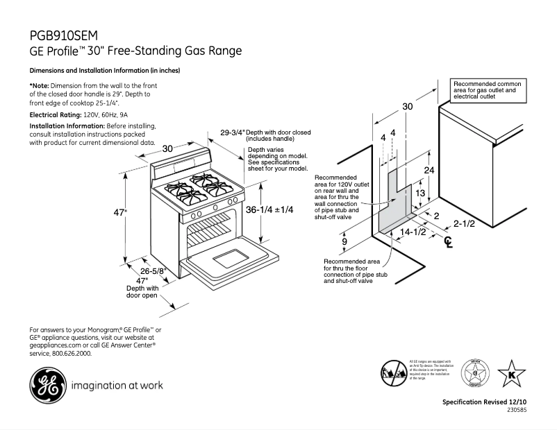 Page 1 of the manual Technical Sheet GE Profile PGB910SEMSS