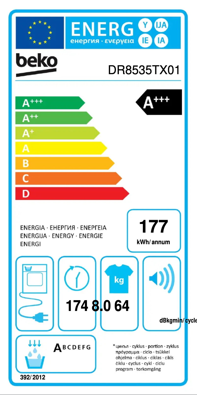 Page 1 de la notice Label énergétique Beko DR8535TX01