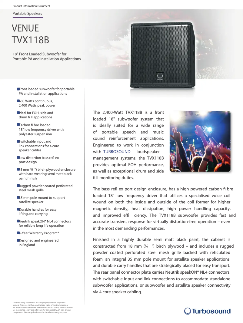 Page n°1 - Fiche technique Turbosound TVX118B