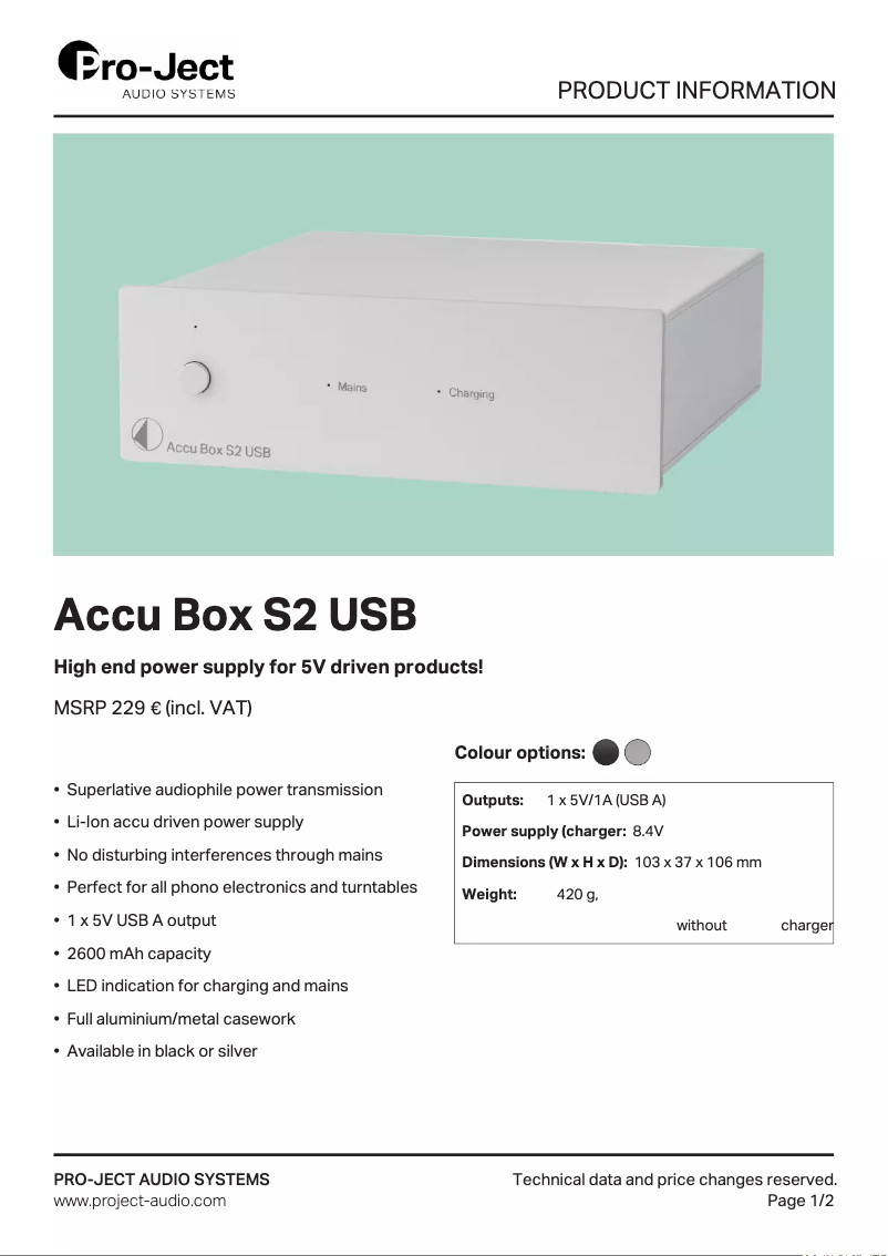 Page 1 de la notice Fiche technique Pro-Ject Accu Box S2 USB