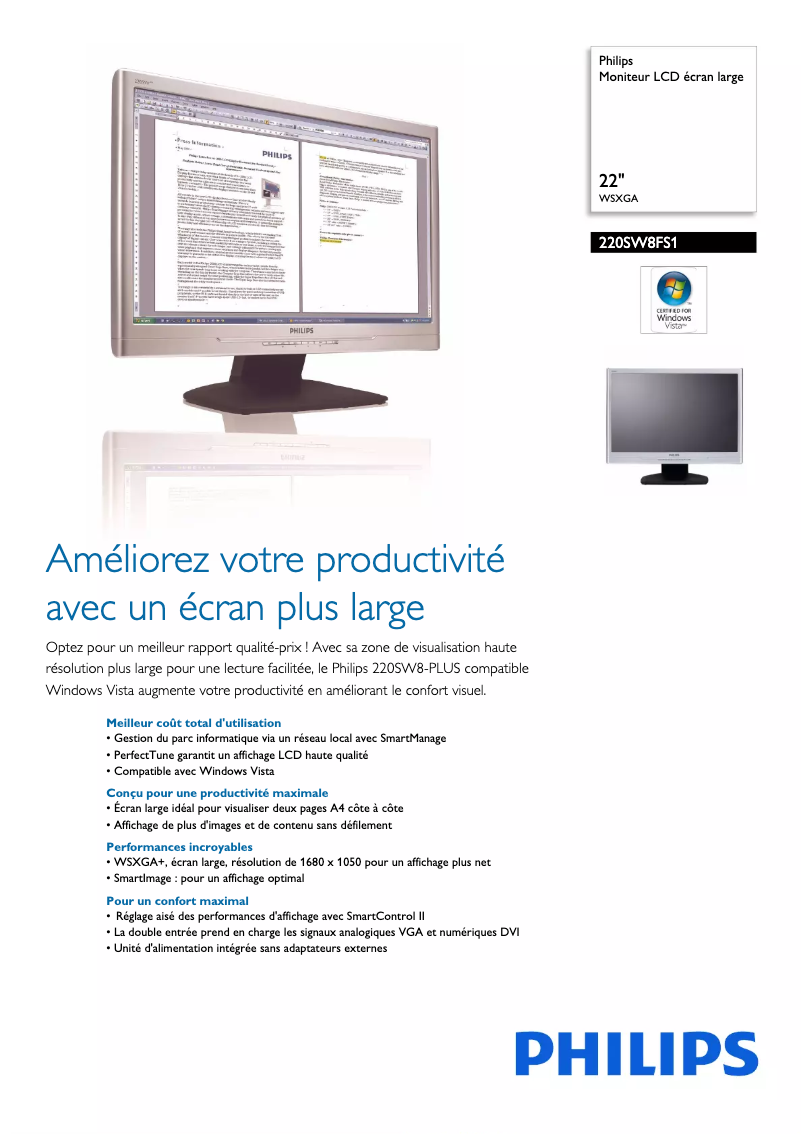Page 1 de la notice Fiche technique Philips 220SW8FS1