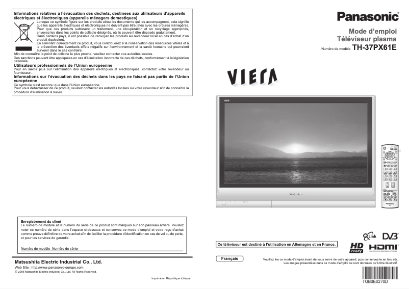 Page 1 de la notice Manuel utilisateur Panasonic TH-37PX61E