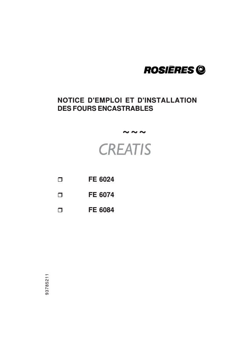 Page 1 de la notice Manuel utilisateur Rosieres FE 6084 IN