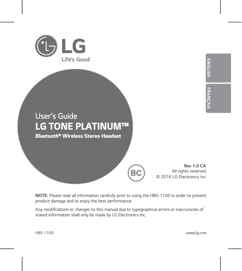 Page 1 of the manual User Manual LG Tone Platinum