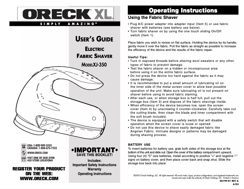 Page n°1 - Manuel utilisateur Oreck XJ-350