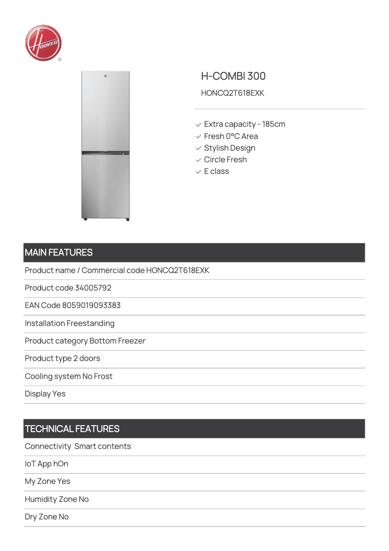 Page n°1 - Fiche technique Hoover HONCQ2T618EXK