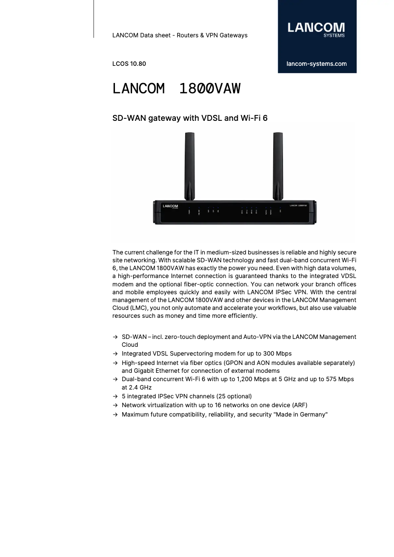 Page 1 de la notice Fiche technique Lancom 1800VAW