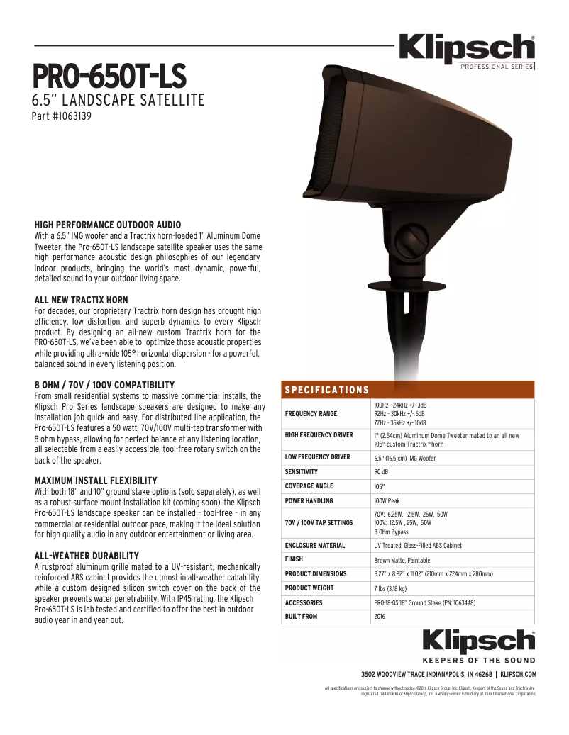 Page n°1 - Fiche technique Klipsch PRO-650T-LS