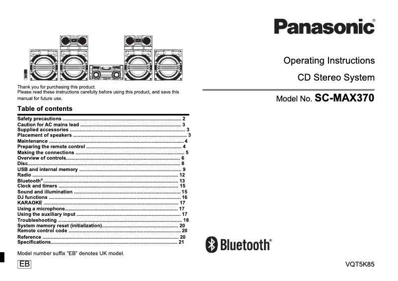 Page 1 de la notice Manuel utilisateur Panasonic SC-MAX370