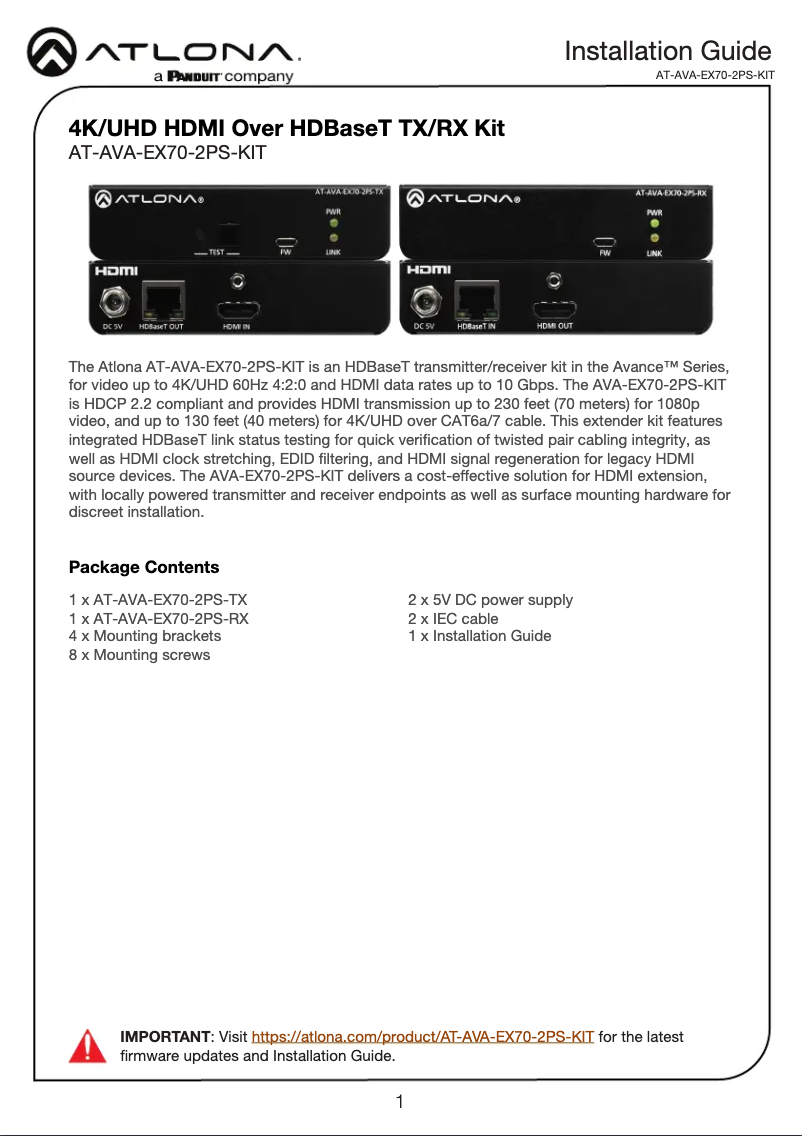 Page n°1 - Manuel utilisateur Atlona AT-AVA-EX70-2PS-KIT