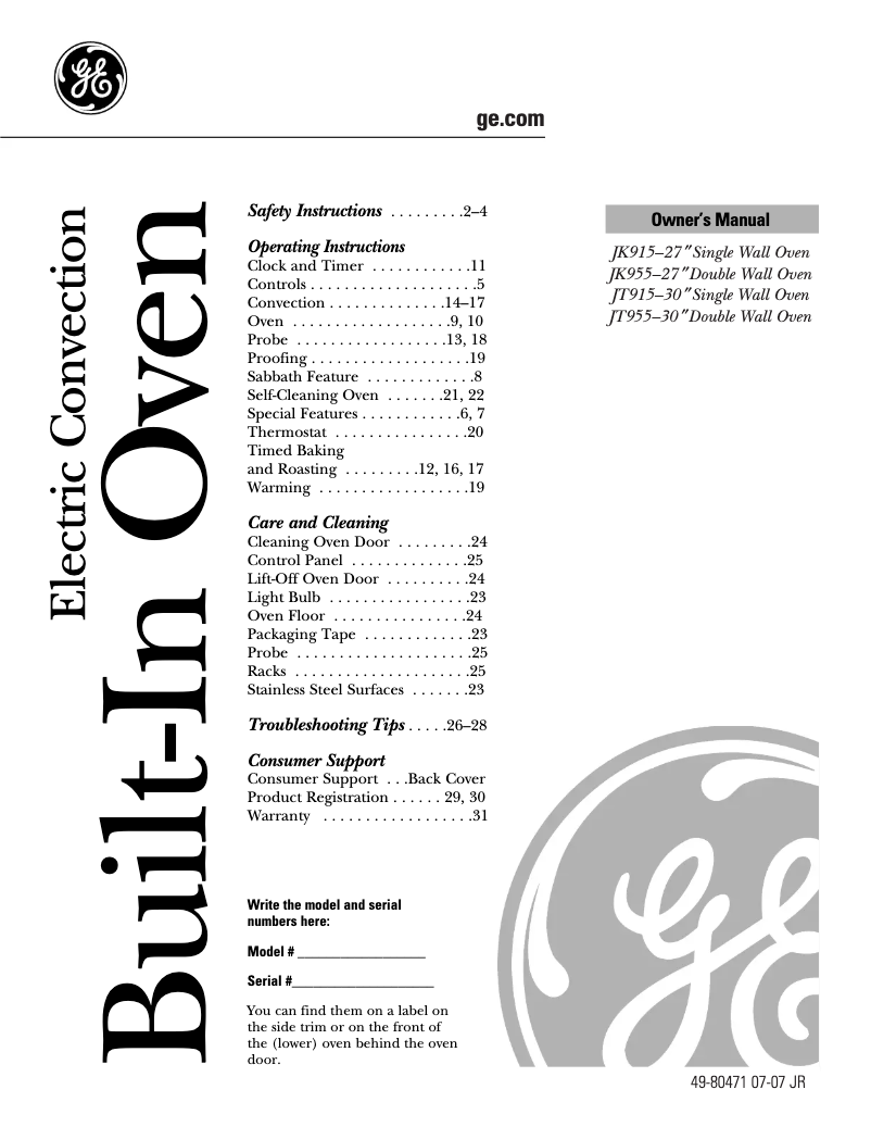 Page 1 de la notice Manuel utilisateur GE JT955CFCC