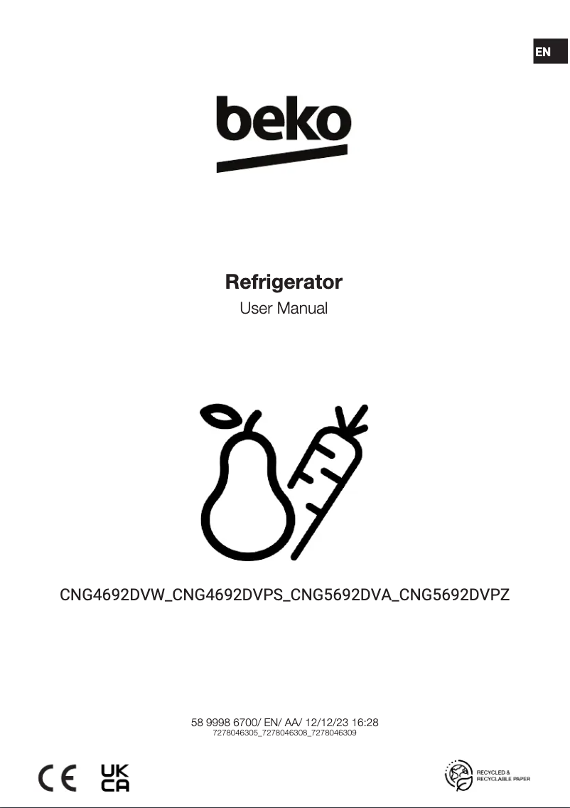 Page 1 de la notice Manuel utilisateur Beko CNG5692DVA