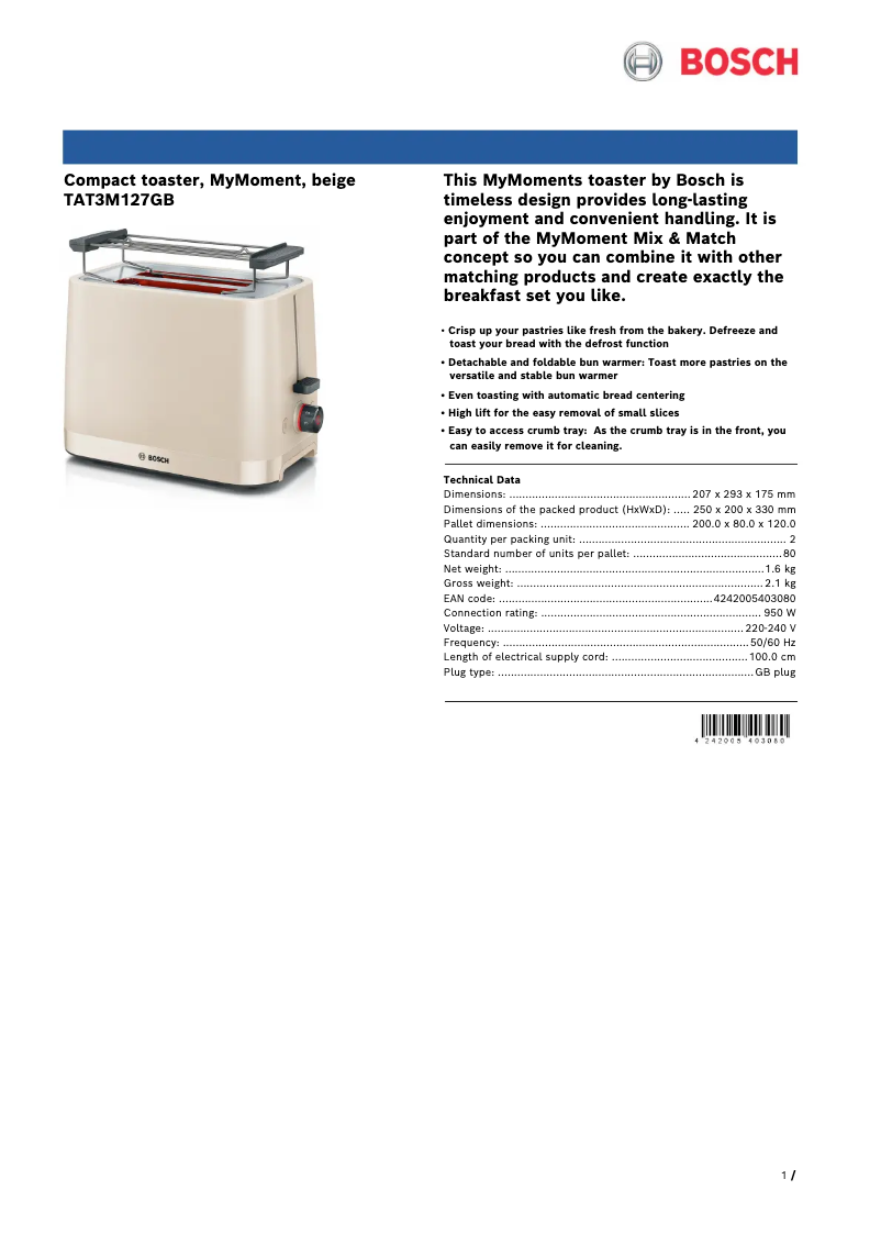 Página 1 del manual Ficha técnica Bosch TAT3M127