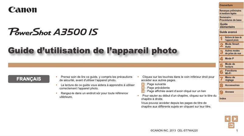 Page 1 de la notice Manuel utilisateur Canon PowerShot A3500 IS