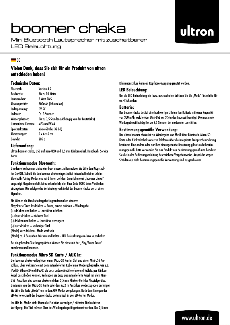 Page 1 de la notice Manuel utilisateur Ultron Boomer chaka