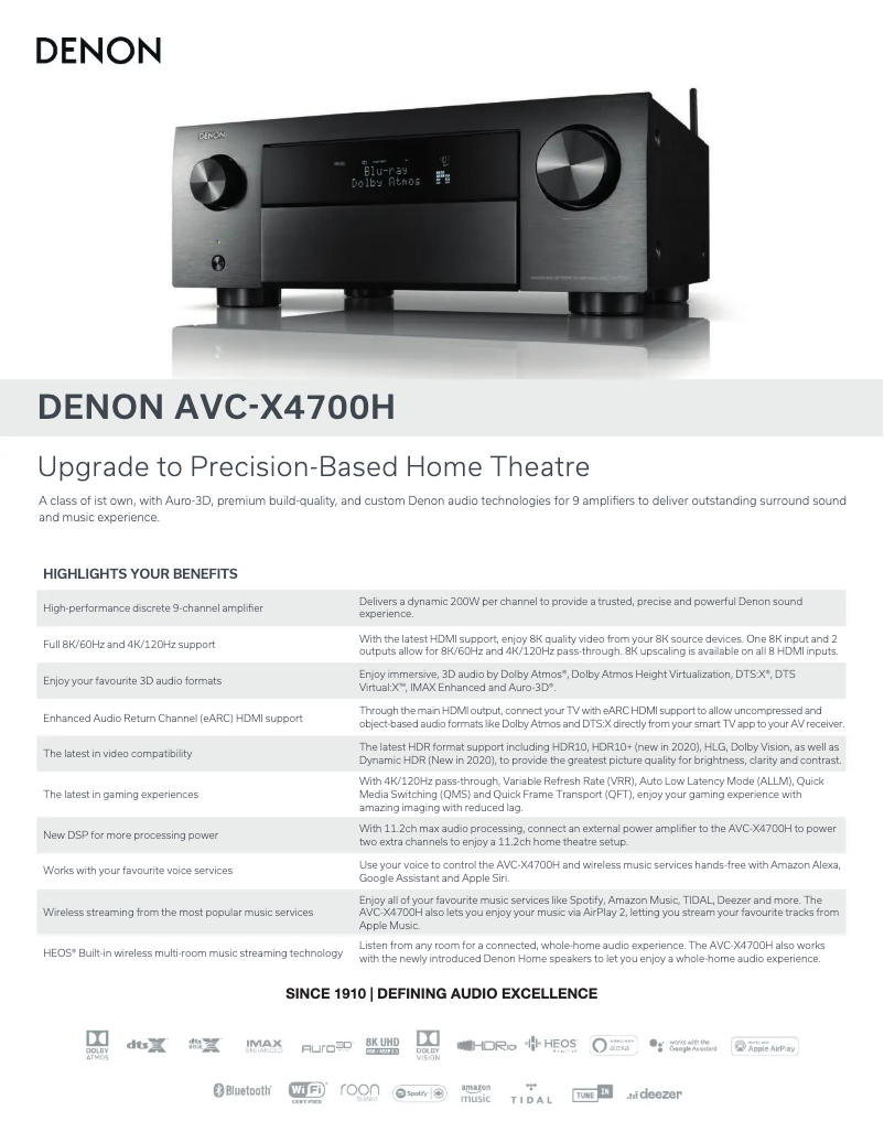 Page 1 de la notice Fiche technique Denon AVC-X4700H