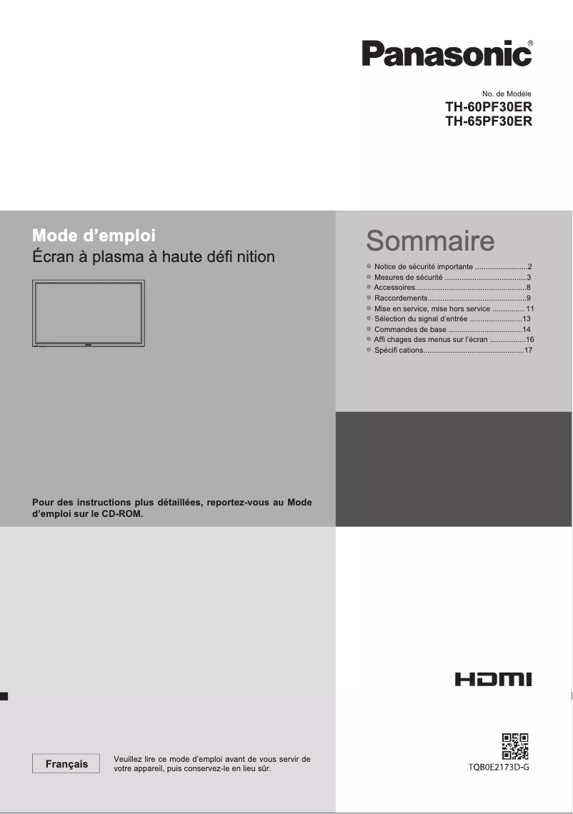 Page n°1 - Guide de démarrage rapide Panasonic TH-65PF30ER