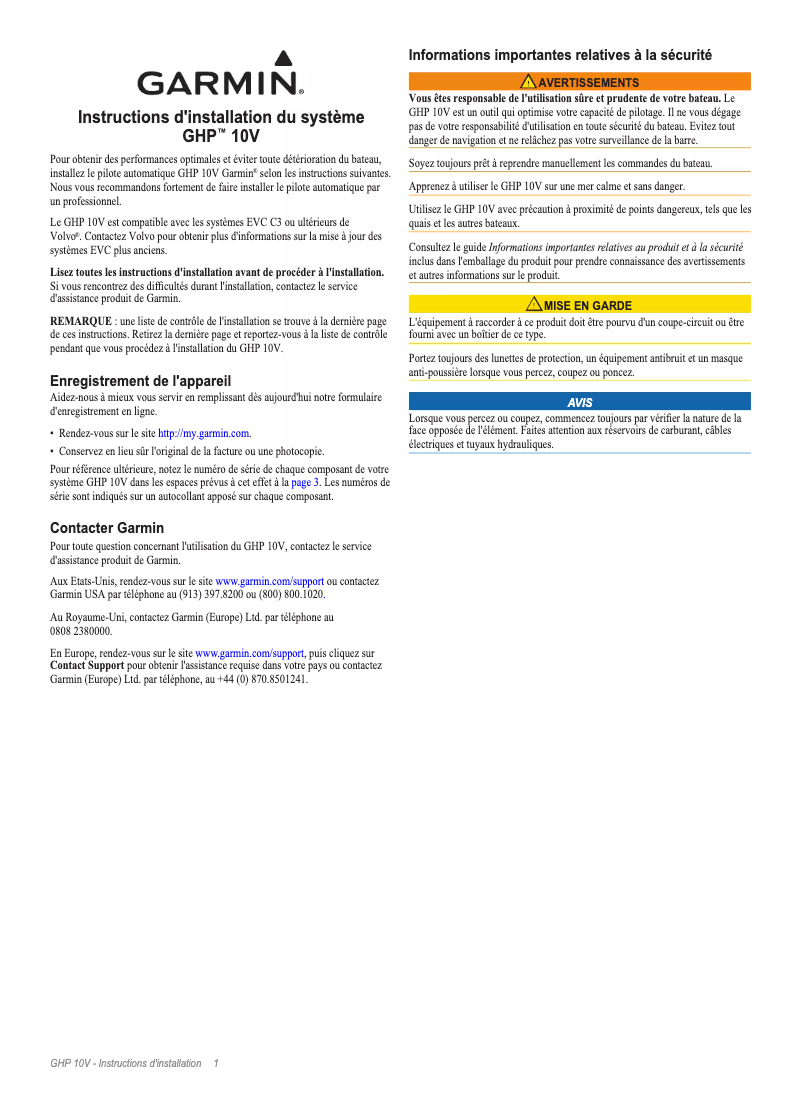 Page 1 de la notice Guide d'installation Garmin GHP 10V