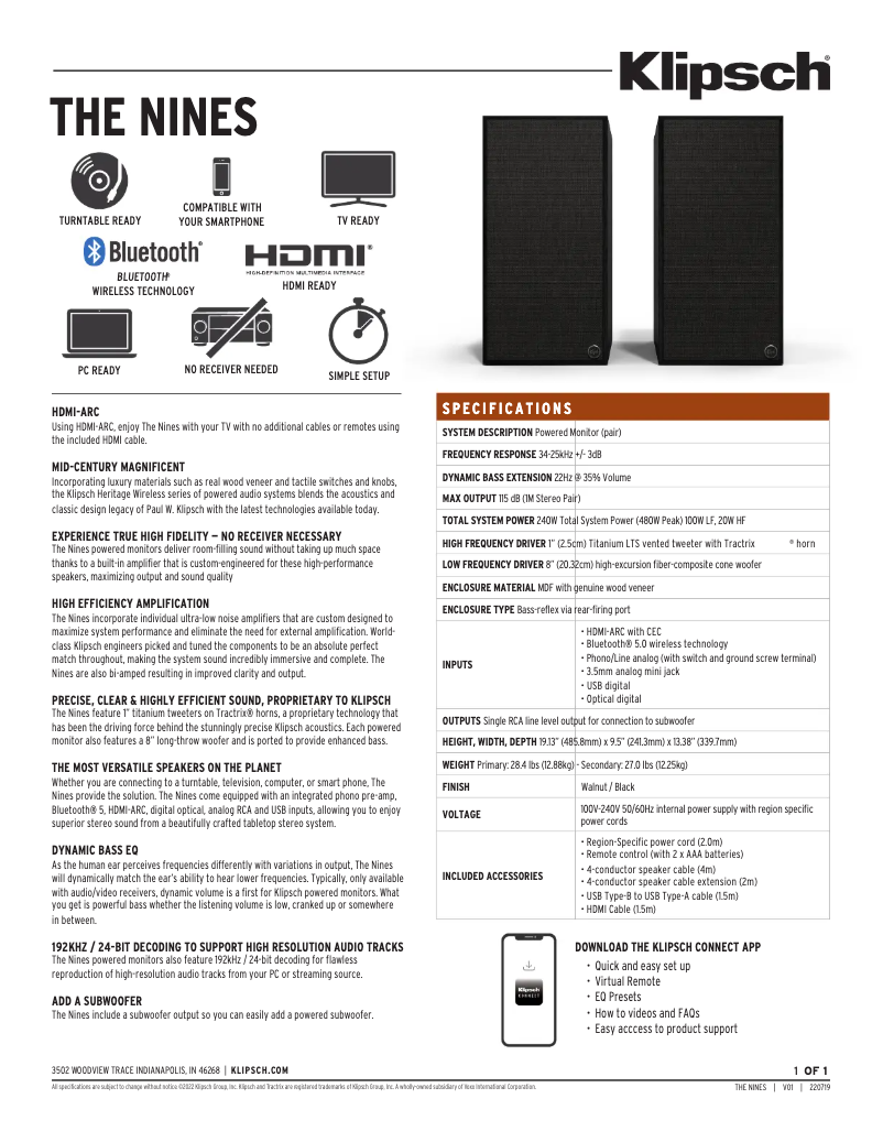 Page 1 de la notice Fiche technique Klipsch The Nines