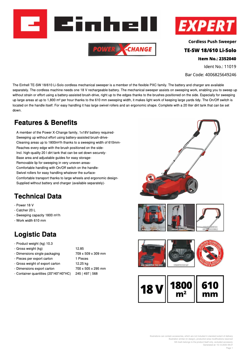 Page 1 de la notice Fiche technique Einhell TE-SW 18/610 Li-Solo