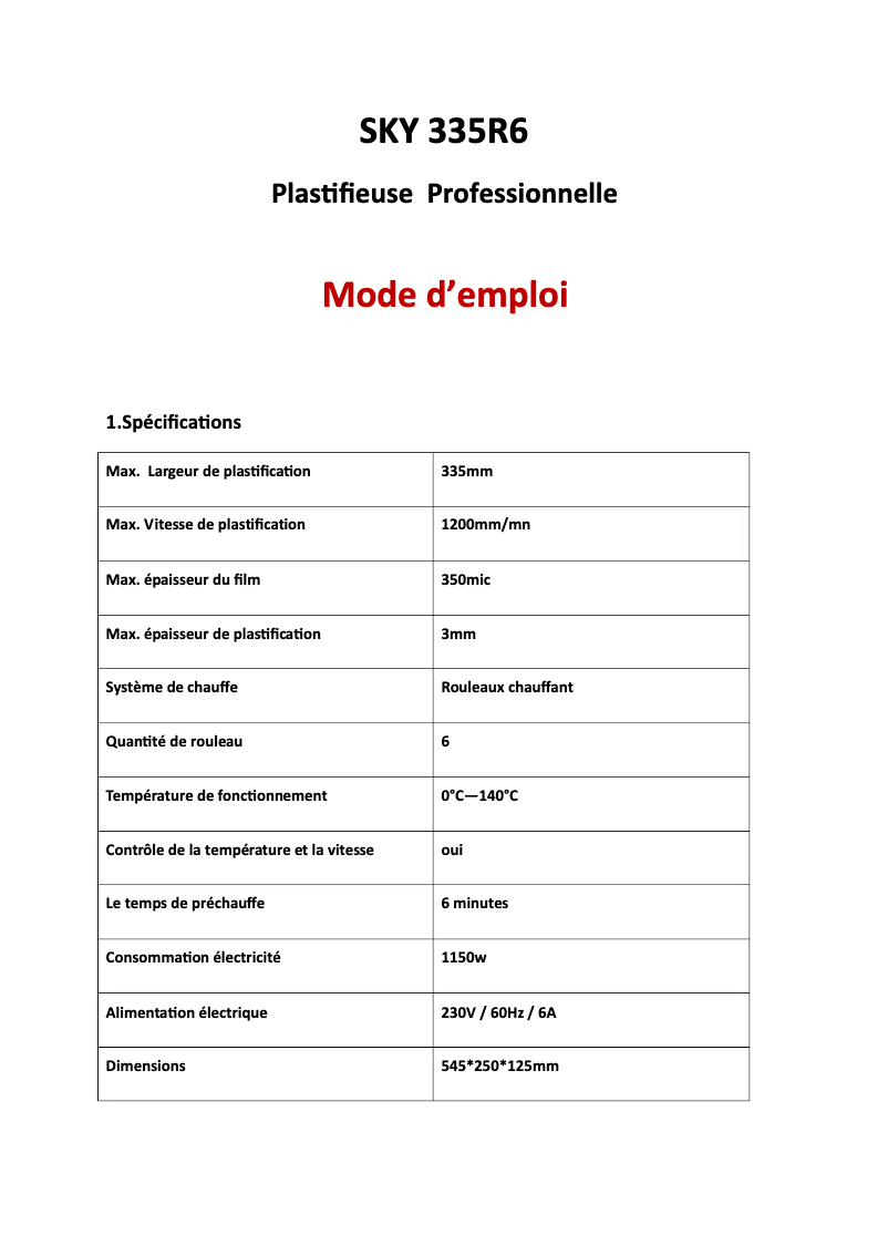 Page 1 de la notice Manuel utilisateur Sky 335R6