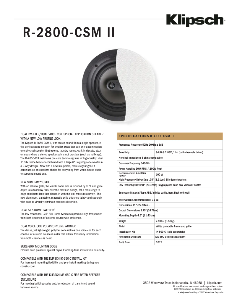 Page 1 de la notice Fiche technique Klipsch Reference R-2800-CSM II