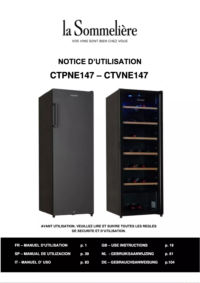 Page n°1 - Manuel utilisateur La Sommelière CTPNE147