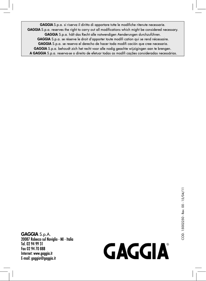 Page 1 de la notice Manuel utilisateur Philips Gaggia RI9303
