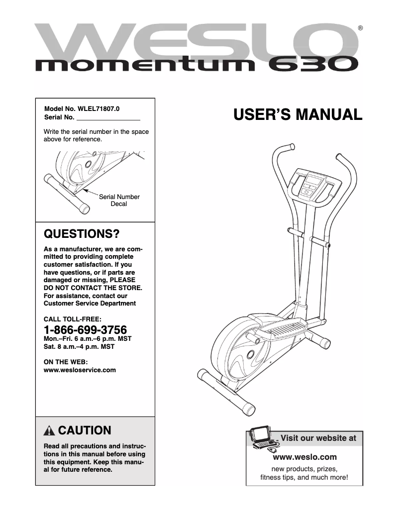 Page 1 de la notice Manuel utilisateur Weslo Momentum 630