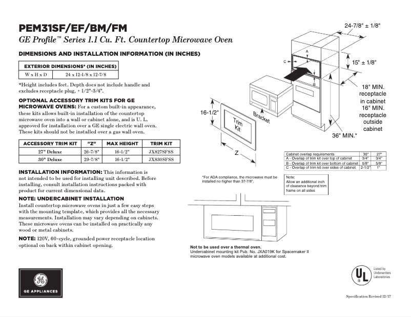 Page 1 de la notice Fiche technique GE Profile PEM31FMDS