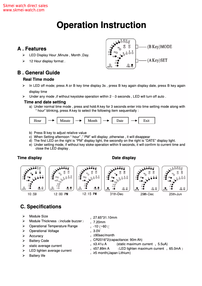 Page 1 de la notice Manuel utilisateur Skmei 0890F