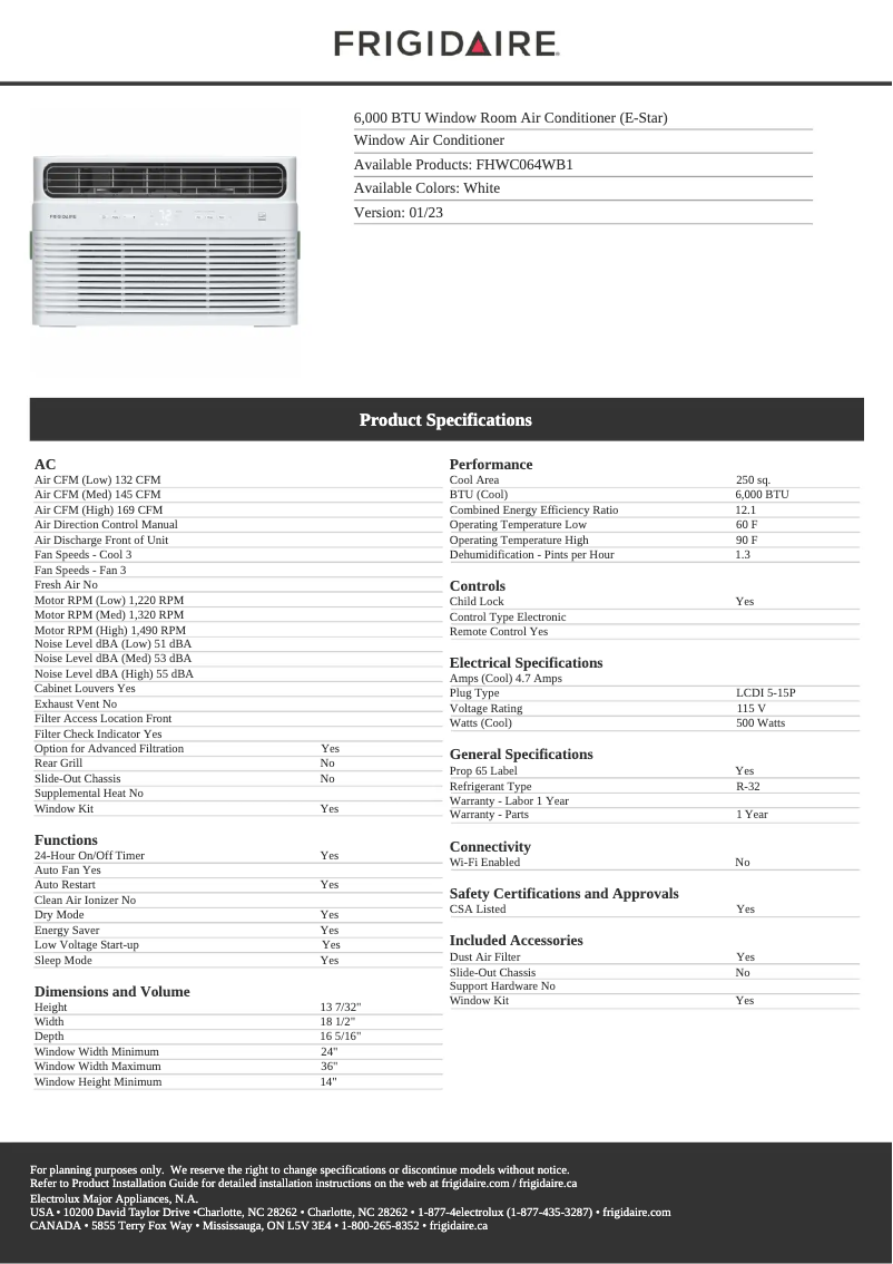 Page n°1 - Fiche technique Frigidaire FHWC064WB1