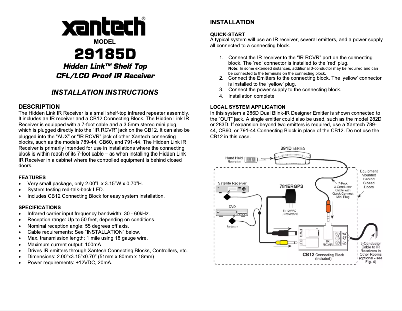 Page 1 de la notice Manuel utilisateur Xantech Hidden Link 29185D
