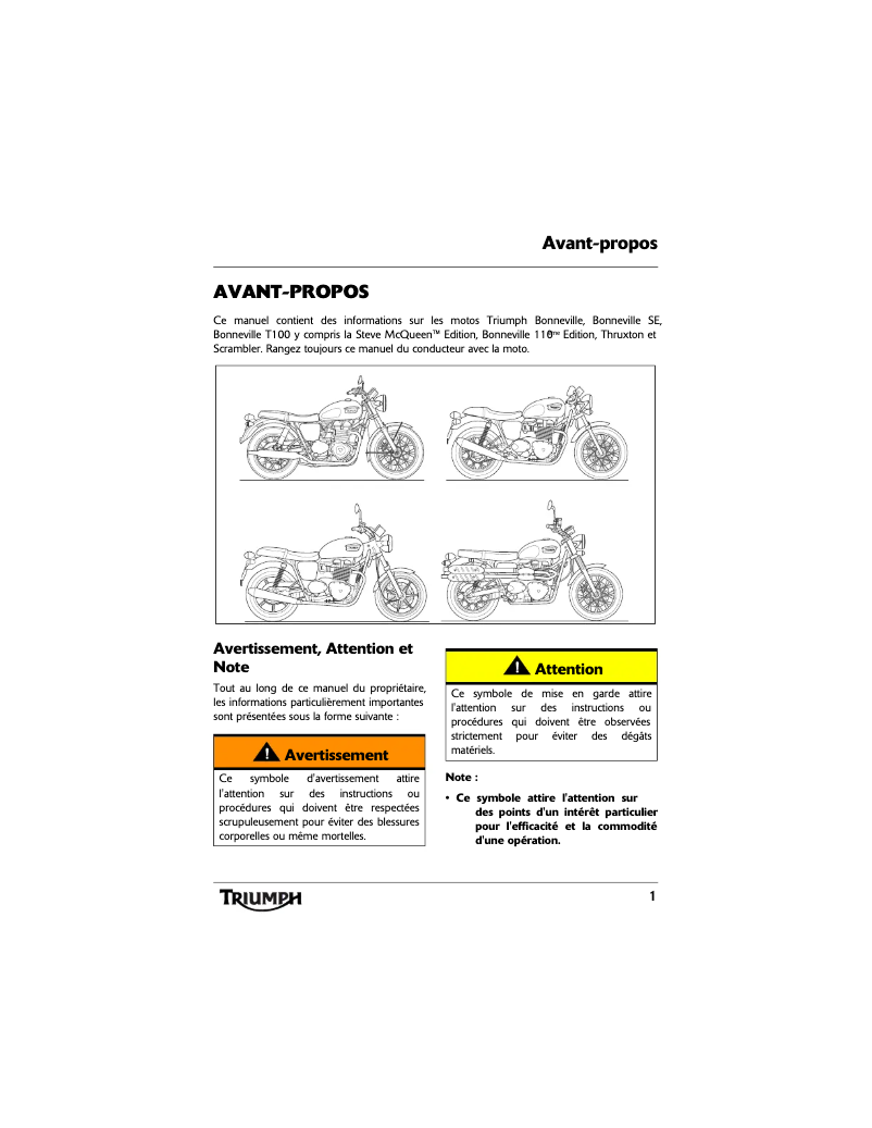 Page 1 de la notice Manuel utilisateur Triumph Bonneville SE (2011)