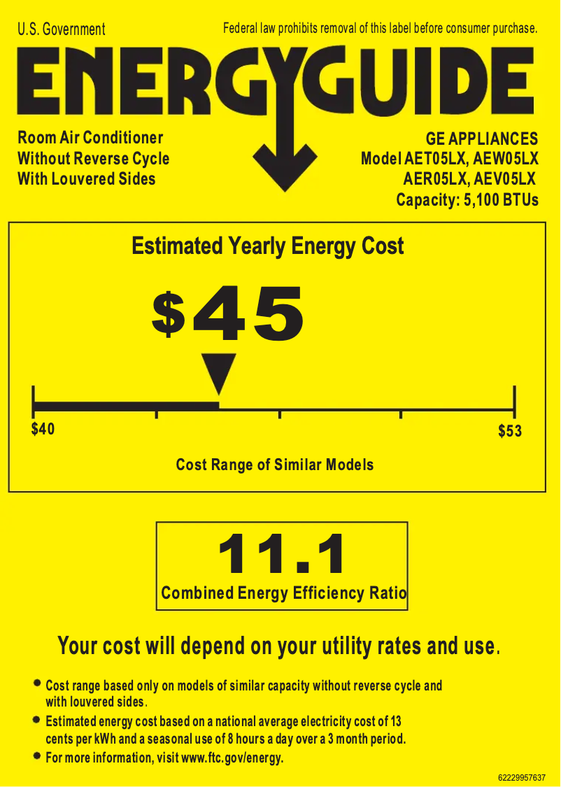 Page 1 de la notice Label énergétique GE AER05LX