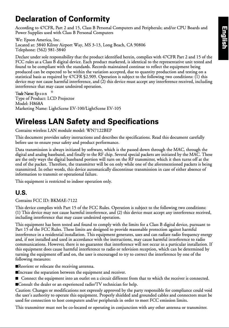Page 1 de la notice Informations de garantie Epson LightScene EV-105