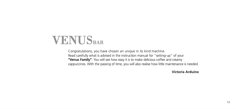 Page 1 de la notice Manuel utilisateur Victoria Arduino Venus Bar