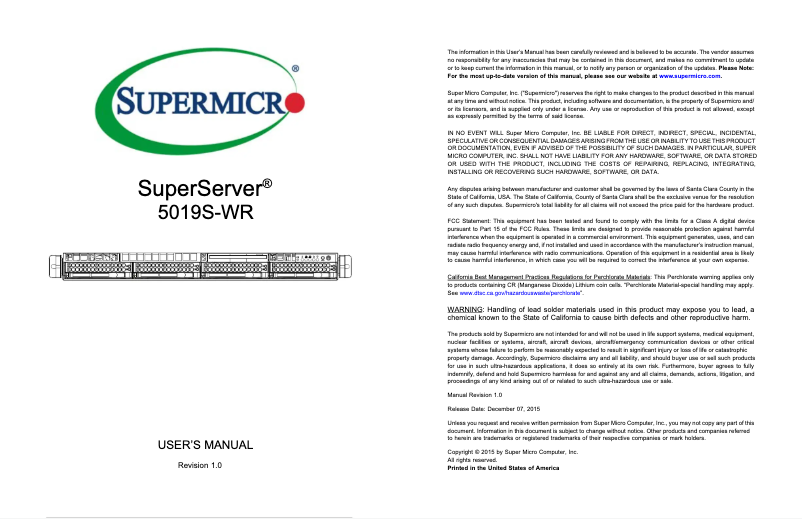 Page 1 de la notice Manuel utilisateur Supermicro SuperServer 5019S-WR