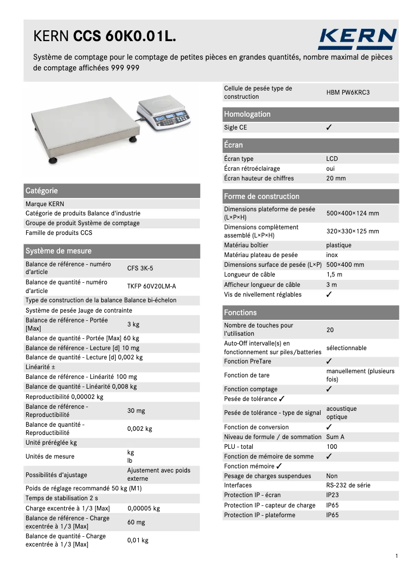 Page n°1 - Fiche technique Kern CCS 60K0.01L