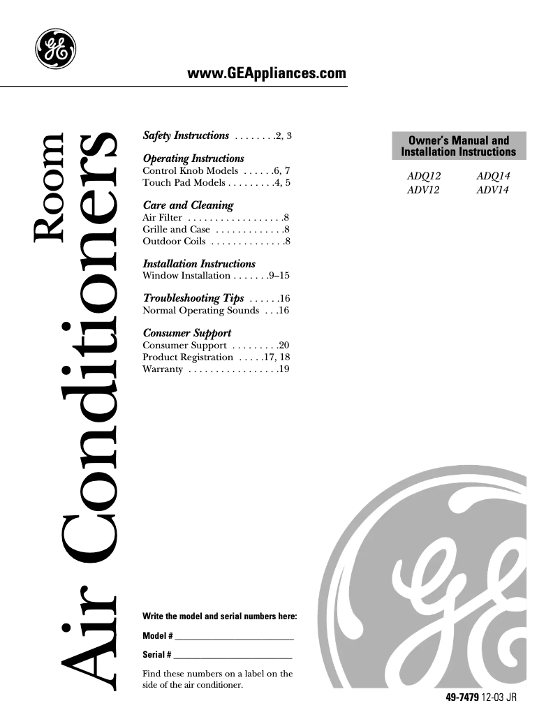 Image de la première page du manuel de l'appareil ADQ12AA