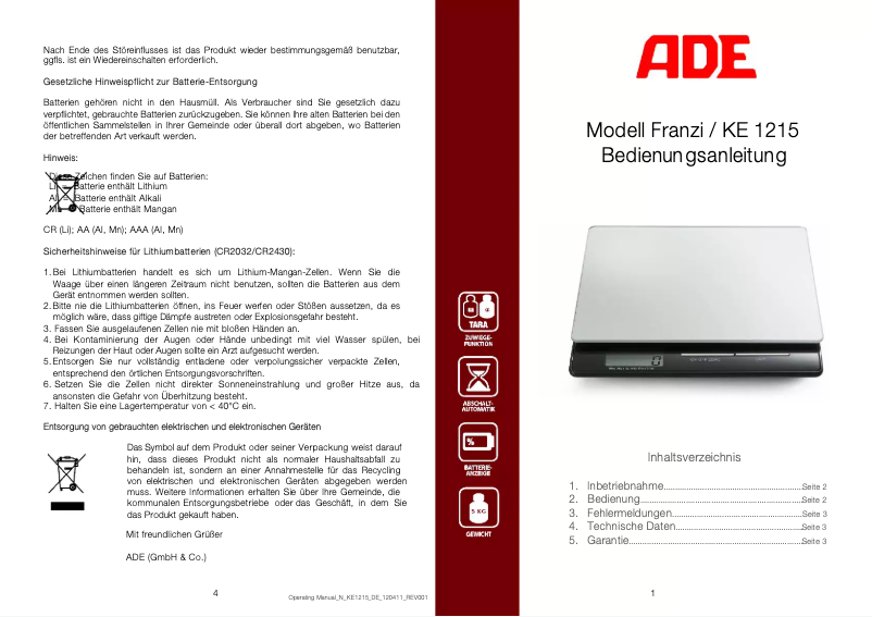 Page 1 de la notice Manuel utilisateur ADE Franzi KE 1215