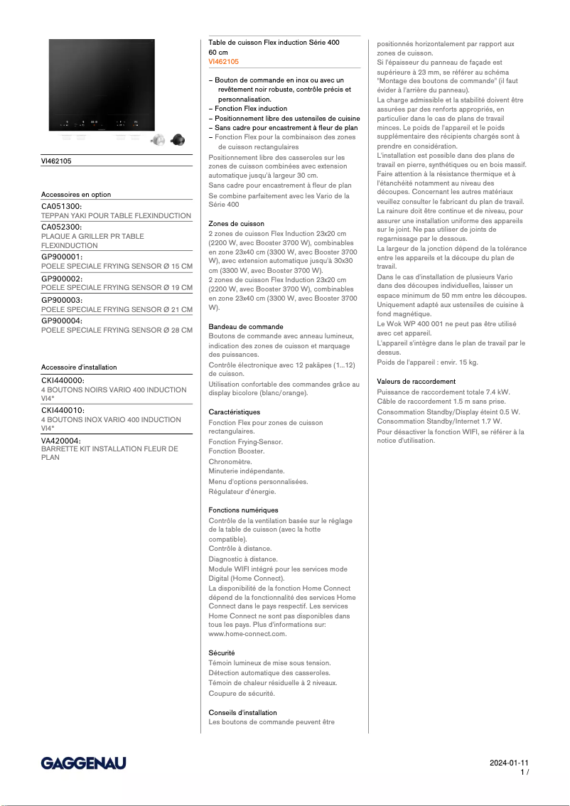 Page 1 of the manual Technical Sheet Gaggenau VI462105