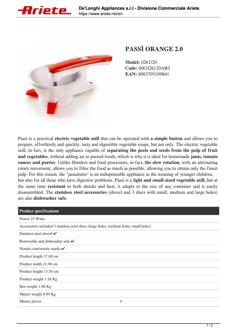 Page 1 de la notice Fiche technique Ariete Passì Orange 2.0 261